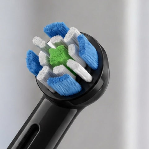 Nahaufnahme eines Bürstenkopfs Medium: blaue, weiße und grüne Borsten, schwarzer Stiel